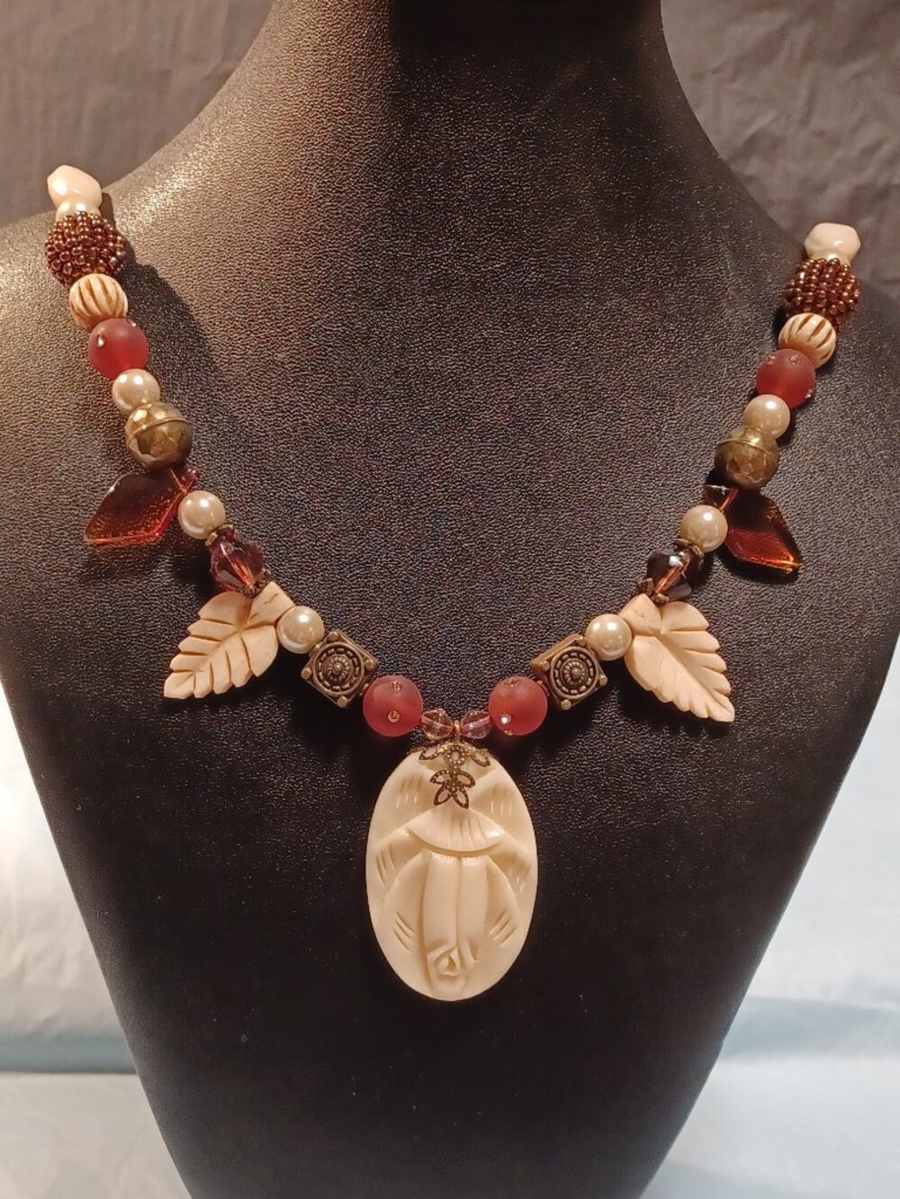 Wild at Heart, Carved Bone Beads and Shell Pearl Necklace
